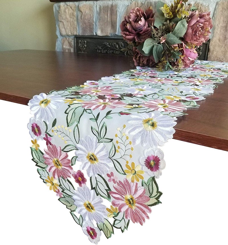 GRANDDECO Spring Table Runner 13"Ã—54" Embroidered Flowery Applique Floral Daisy Cutwork Table Linen Home Kitchen Dining Tabletop Decoration - Image 1